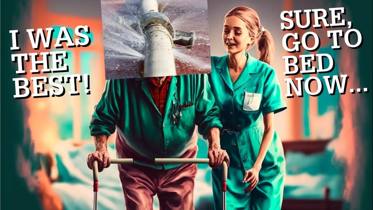 An Aging Infrastructure portrayed as an old man in a Walker